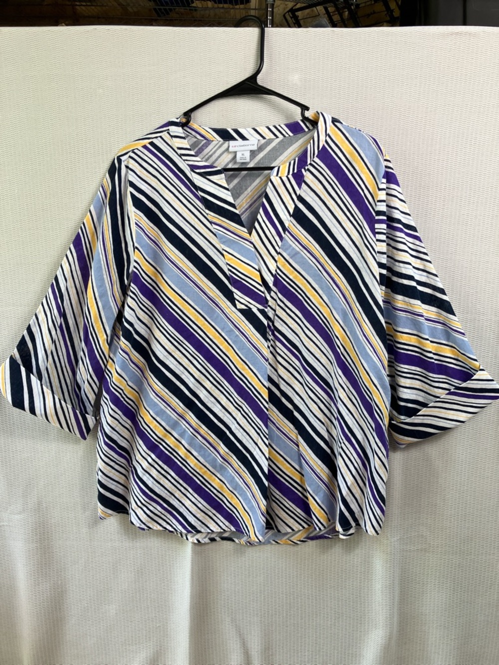 Liz Claiborne Diagonal Stripe V-Neck Tunic in Purple, Navy & Yellow